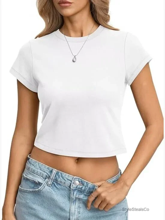 Slim Fit Cotton Crop Top Tee Short Sleeve Crewneck Summer Basic - Picture 1 of 7